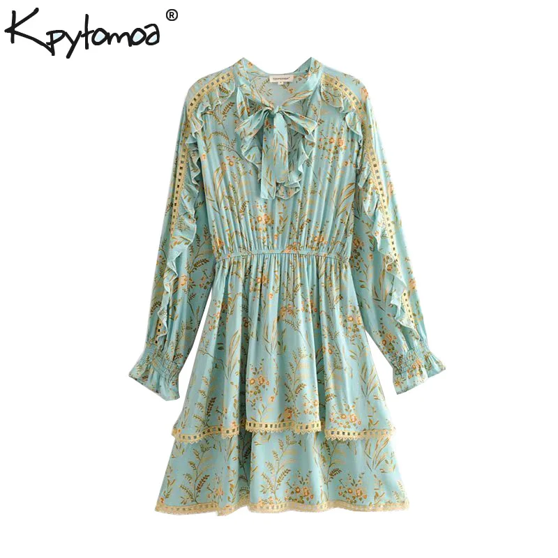 

Boho Chic Summer Vintage Floral Print Ruffled Mini Dress Women 2019 Fashion Bow Tie Lace Patchwork Beach Dresses Vestidos Mujer