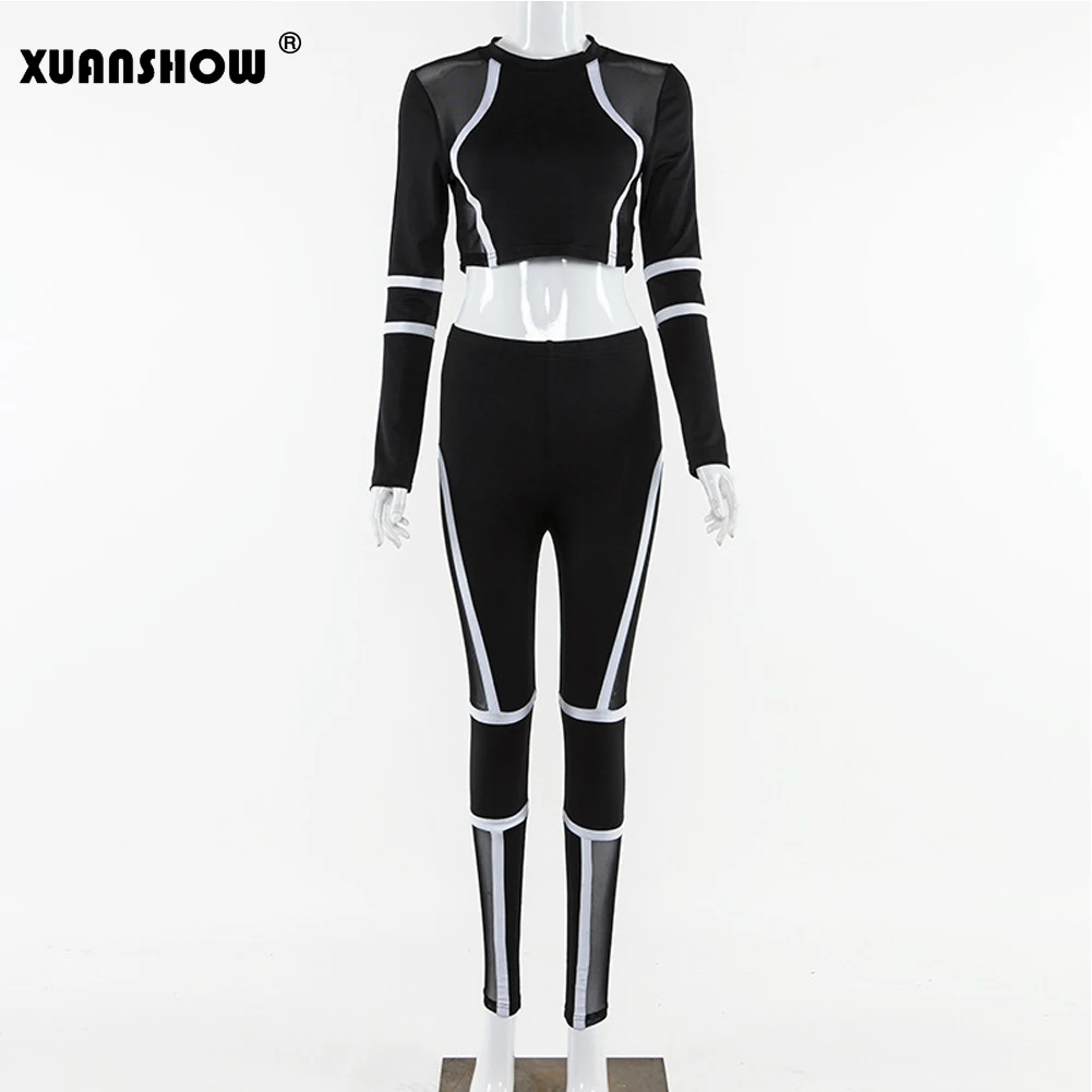 XUANSHOW/женские спортивные костюмы сексуальный сетчатый лоскутный укороченный топ