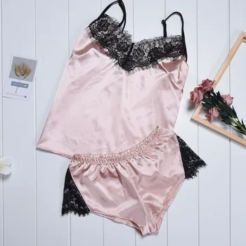 

Black Lace Sexy Pyjamas Women Satin Pajama Set Summer Sleeveless Sleepwear Cute Cami Top and Shorts Backless Sweet Nightwear
