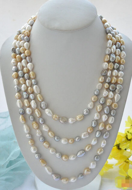 

HOT## Wholesale FREE SHIPPING >>>P5087 Long 100" 12mm white gray champagne baroque freshwater pearl necklace