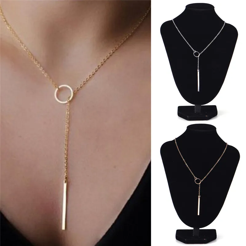 1pc Chic Y Shaped Color Bar Circle Lariat Style Necklace Womens Unique Charming Tone Bar Circle Lariat Necklace