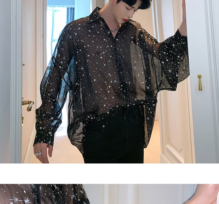 Летние ультратонкие видеть-через звезды печатных сексуальный рубашка корейского стиля винтаж шифоновая блузка костюм Go-Go для певицы для сцены рубашки