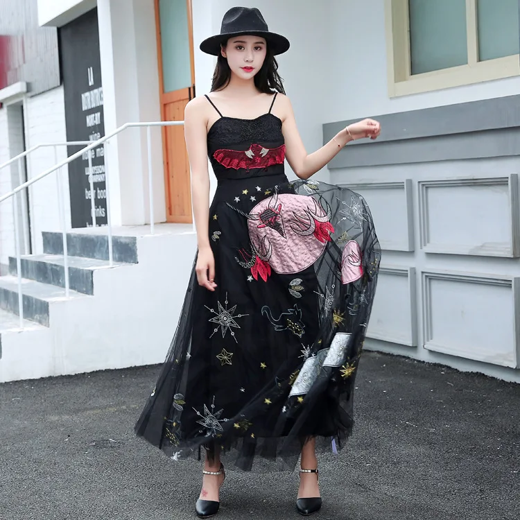

High quality mesh dress Chic women's party dress Embroidered slip dress G141