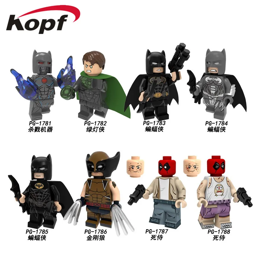 

20PCS Super Heroes Building Blocks Bricks Batman Wolverine Deadpool Spiderman Robokill Green Figures For Kids Gift Toys PG8204