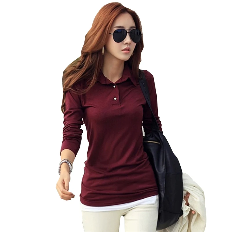 Nueva llegada de Corea mujeres algodón camiseta vuelta-abajo de manga larga camisa básica delgada camiseta Tops Camisetas Mujer Nueva llegada de Corea mujeres algodón camiseta vuelta-abajo de manga larga camisa básica delgada camiseta Tops Camisetas Mujer