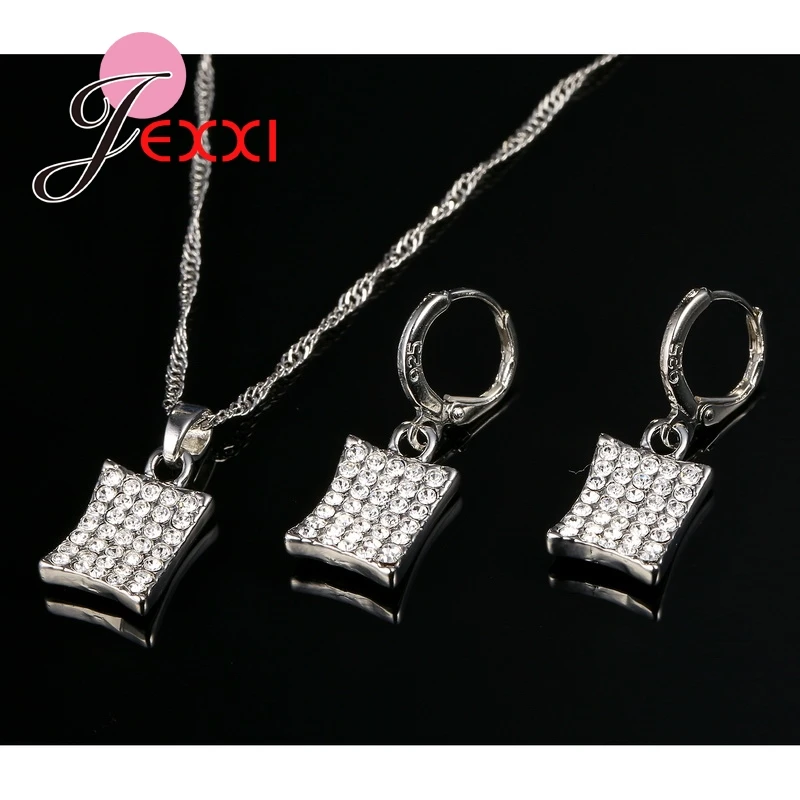Klar Kristall Rechteck Form Berühmte Design 925 Sterling Silber Anhänger Halskette Ohrring Sets Schmuck Cubic ia