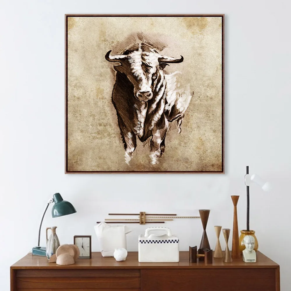 Modern Sketch Bull Vintage Brown Retro Animals Drawings Posters Prints Canvas Painting Living Bed Room Home Wall Art Decor Gifts | Дом и сад