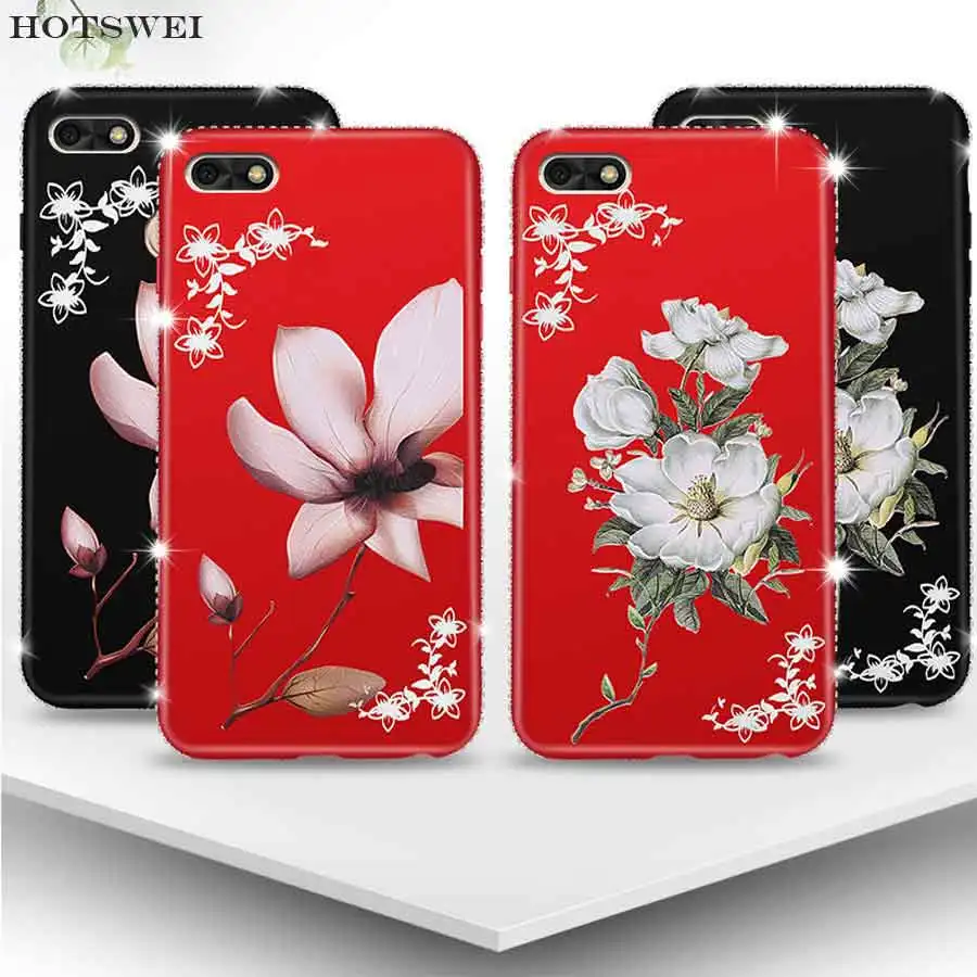 

HOTSWEI Case For Huawei Honor 7A 5.45" Luxury Rhinestone 3D Relief Flower Girl Pattern Soft Silicone Cover Honor 7A Case DUA-L22