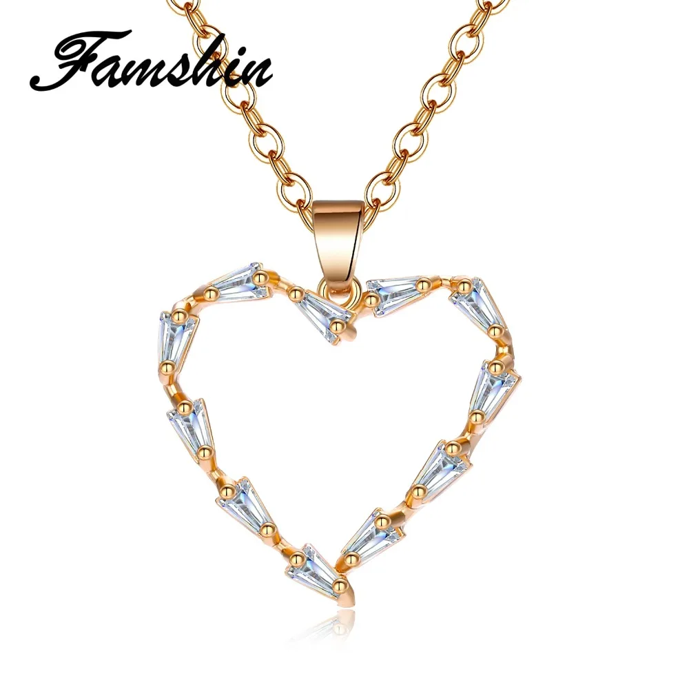 FAMSHIN Fashion Heart Pendant Necklaces For Women Cubic Zircon Gold