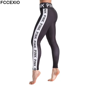 

FCCEXIO Fashion Pink Workout Leggings New Pink Pants 3D Pink Letter Print Side Patchwork Sexy High Waist Pants Fitness Leggins