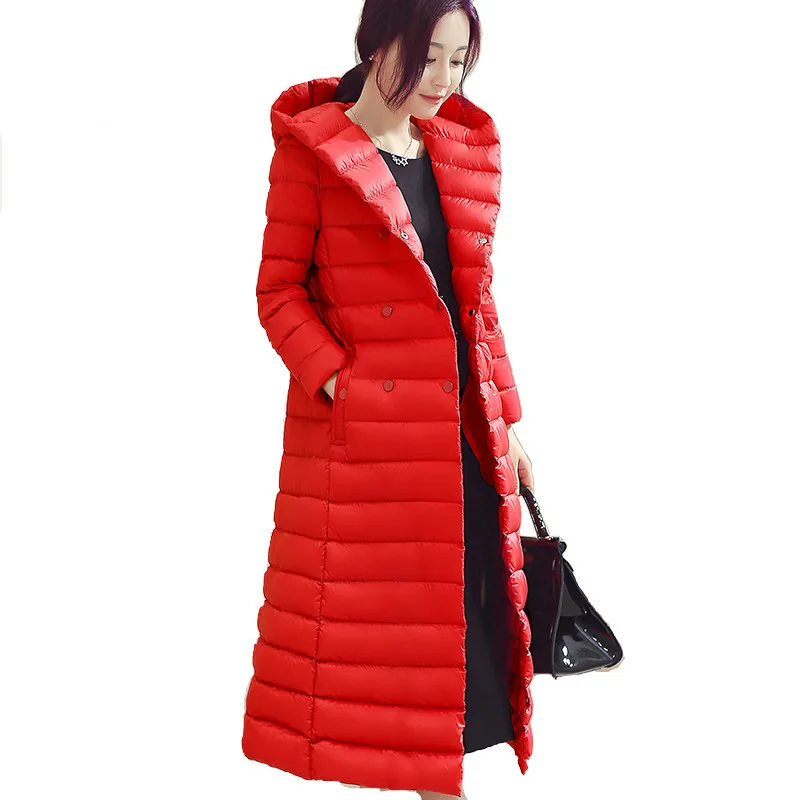 Winter Woman Ultra Light Down Jackets Slim Hooded Knee Length Female