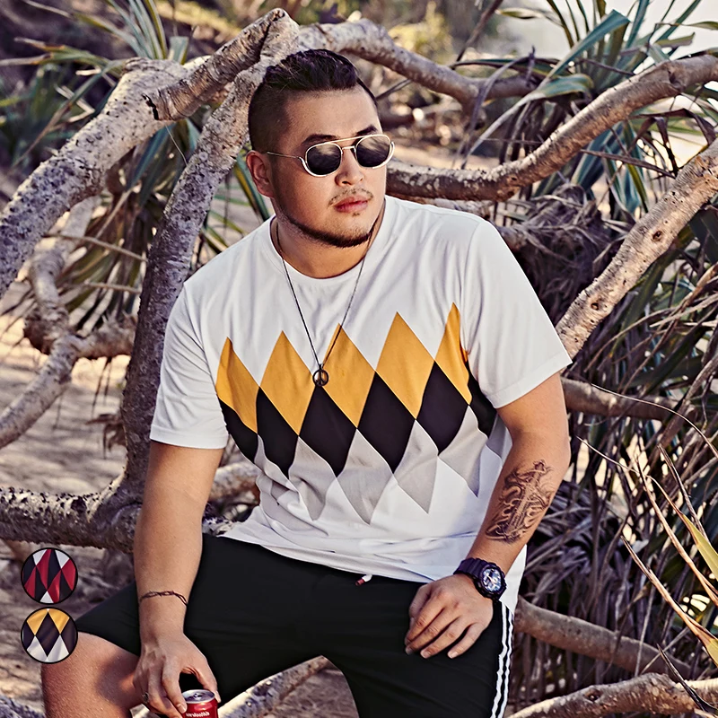 

2019 Summer Couple Models Diamond Geometry Pattern Print Loose Casual Cotton Short-sleeved Round Neck T-shirt 1-6XL