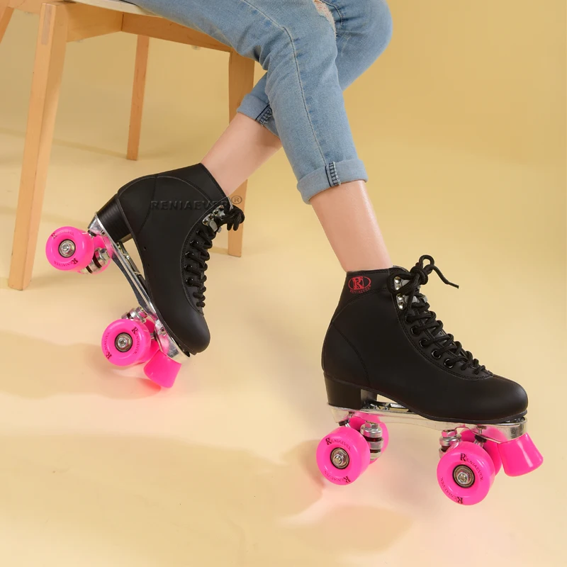 RENIAEVER роликовые коньки женские роликовые коньки обуви алюминиевое основание полиуретановые колеса тормоза с розовыми колесами, черная обувь