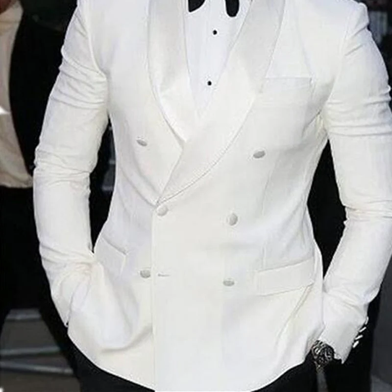 White Business Mens Suits Double Breasted Custom Made Slim Fit Wedding Groom Tuxedos Shawl Lapel Two Piece Jacket Pants Blazer