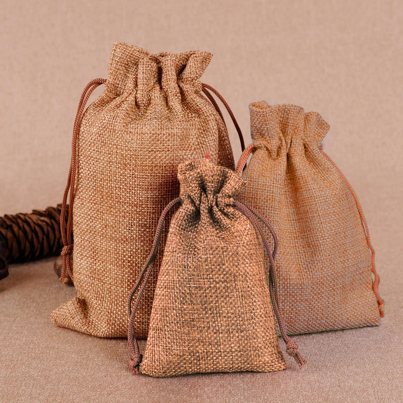 10 Linen Jute Hessian Sack Jewelry Pouch Drawstring Bags Wedding Favour HGUK