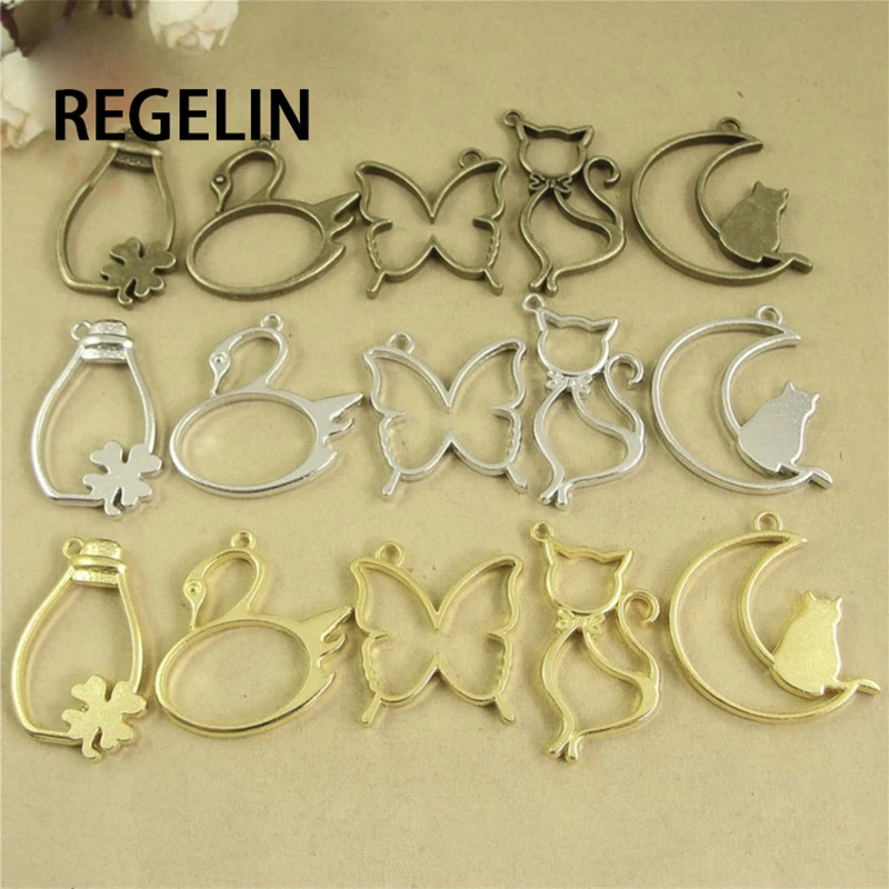 

REGELIN 5 pcs/lot Cat moon swan shape Metal Frame Pendant Gold Charm Bezel Setting Cabochon Setting UV Resin Epoxy Resin Charm