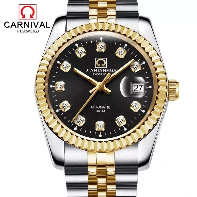 Carnival Top Brand Мужские автоматические часы роскошные золотые механические с