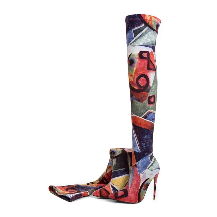 

Hot Selling Pointed Toe Elastic Long Boots Over-the-Knee High Heel Boots Autumn Colorful Thin Heels Shoes Women Dress Shoes