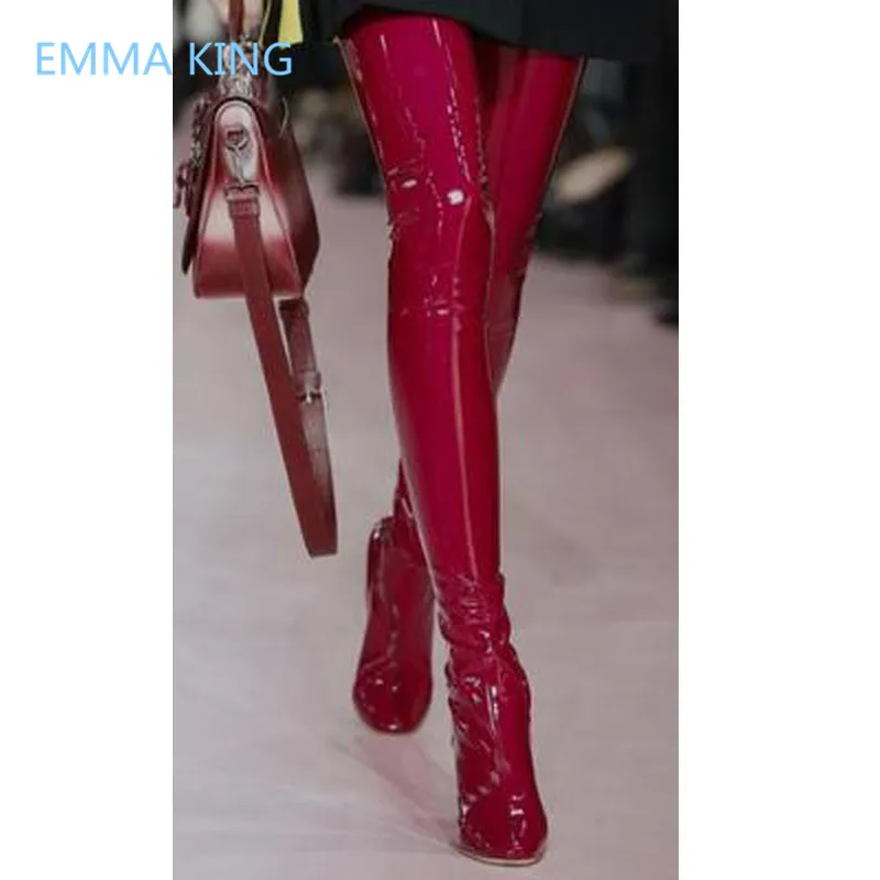 

2019 Patent Leather Women Winter Over The Knee Long Boots Pointed Toe Sexy Clear Chunky High Heel Shoes Woman Thigh High Boots