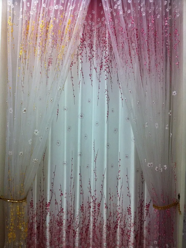 Wholesale Peach Flowers Embroidery Tulle Sheet Curtains Drapes