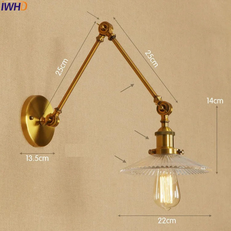 Iwhd Стекло античная латунь бра огни Спальня лестницы Винтаж Лофт Промышленные Регулируемый качели длинные руки настенные светильники