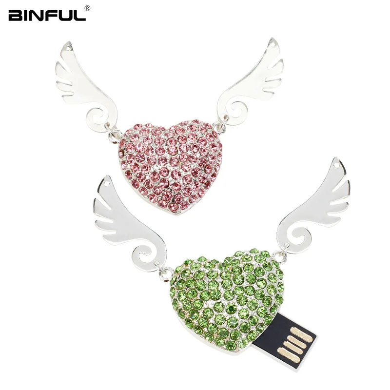 

New Metal Usb Flash Drive 32GB Love Heart Pen Drive Crystal Angel Wings Usb Stick 2.0 Flash Memory 128gb 64gb 16gb 4gb Pendrive