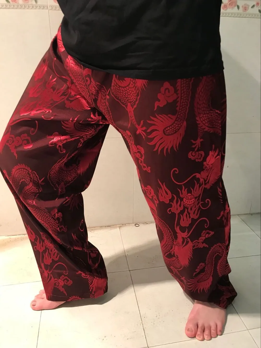 

Satin Silky Good Silk Plus Size Elastic Waist Chinese Dragon Print Slim Pocket Pant Japan Men Trouser Home Sleep Workout Jogger