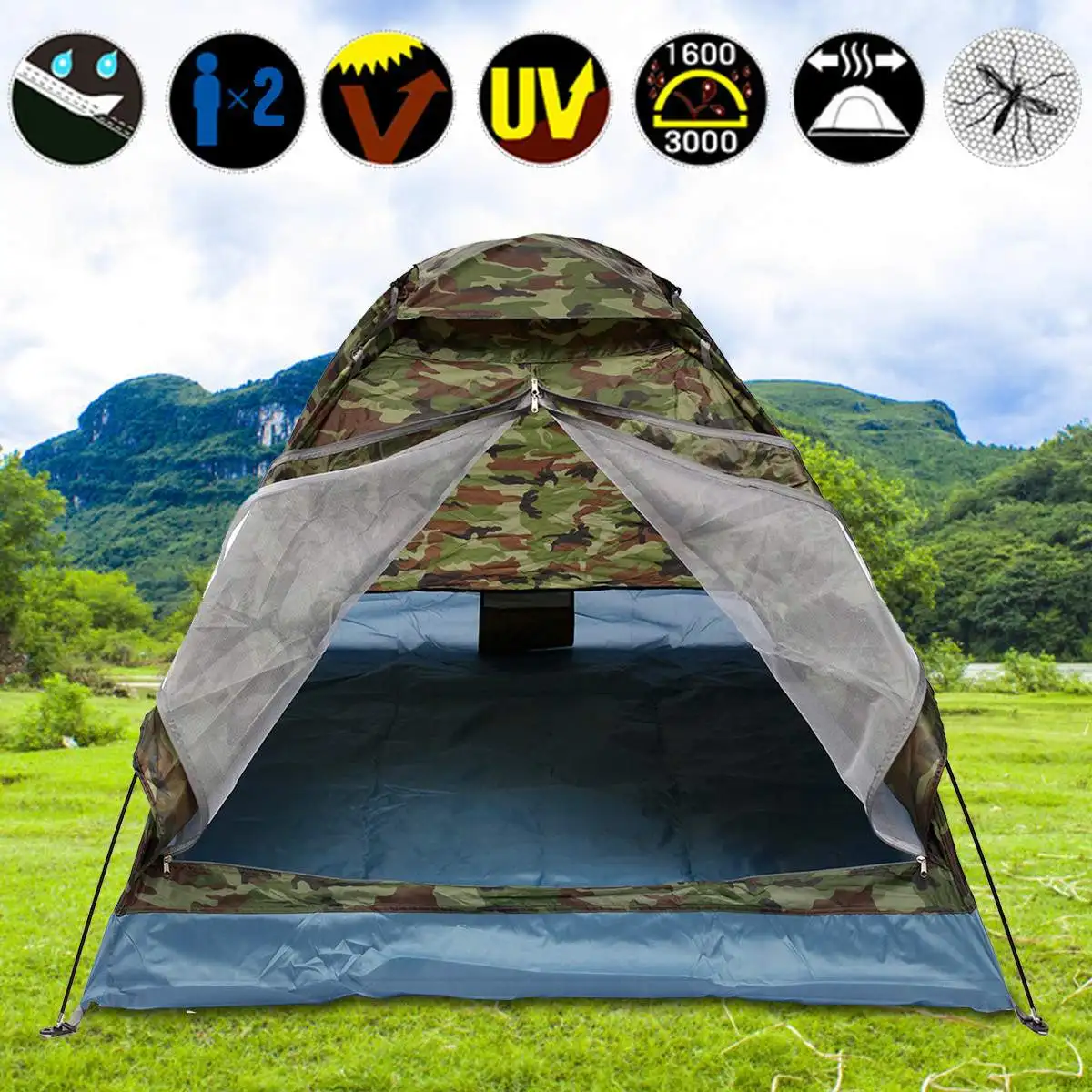

Outdoor 200*140*110cm Oxford cloth PU waterproof coating 4 seasons 2 people single layer Camouflage camping hiking tent