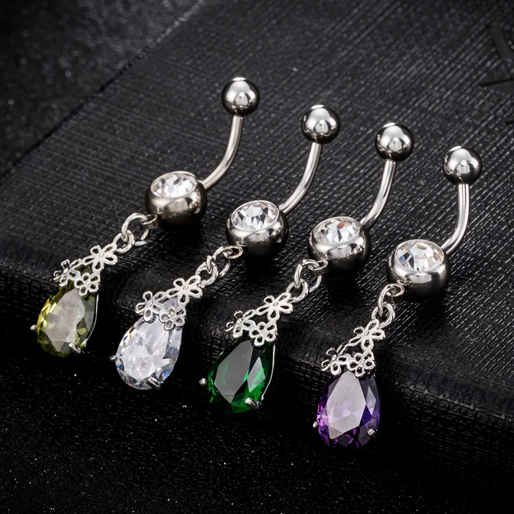 

High Quality Piercing Navel and Bell Button Rings AAA Cubic Zirconia Oval Stone Fashion Body Jewelry Flower Bar Bell Button Ring
