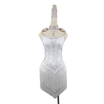 

Rhinestones Latin Dance Dress Ballroom Competition Custom Practice Dress Costume Ladies White Salsa Fringe Skirt Customizable