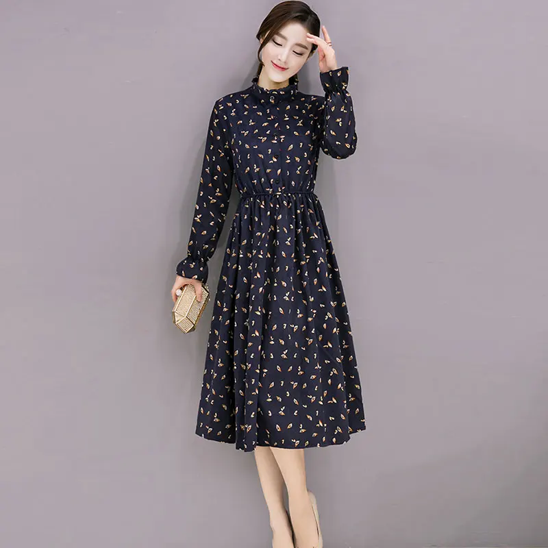 

Long Butterfly Sleeve Elastic Waist Print Dress Multicolor Vintage Corduroy Slim Floral Dresses Ladies Fashion Wild Dress Spring