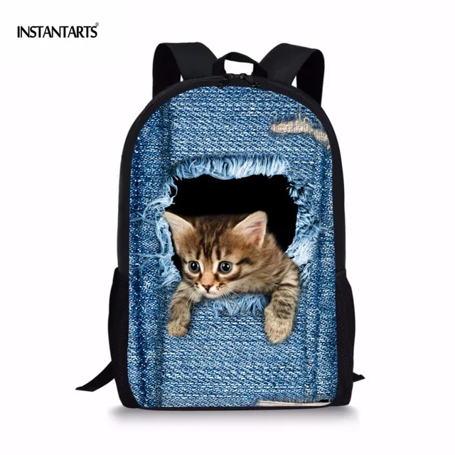 INSTANTARTS Cute Animal Cat School Bags for Girls Fashion Blue Denim