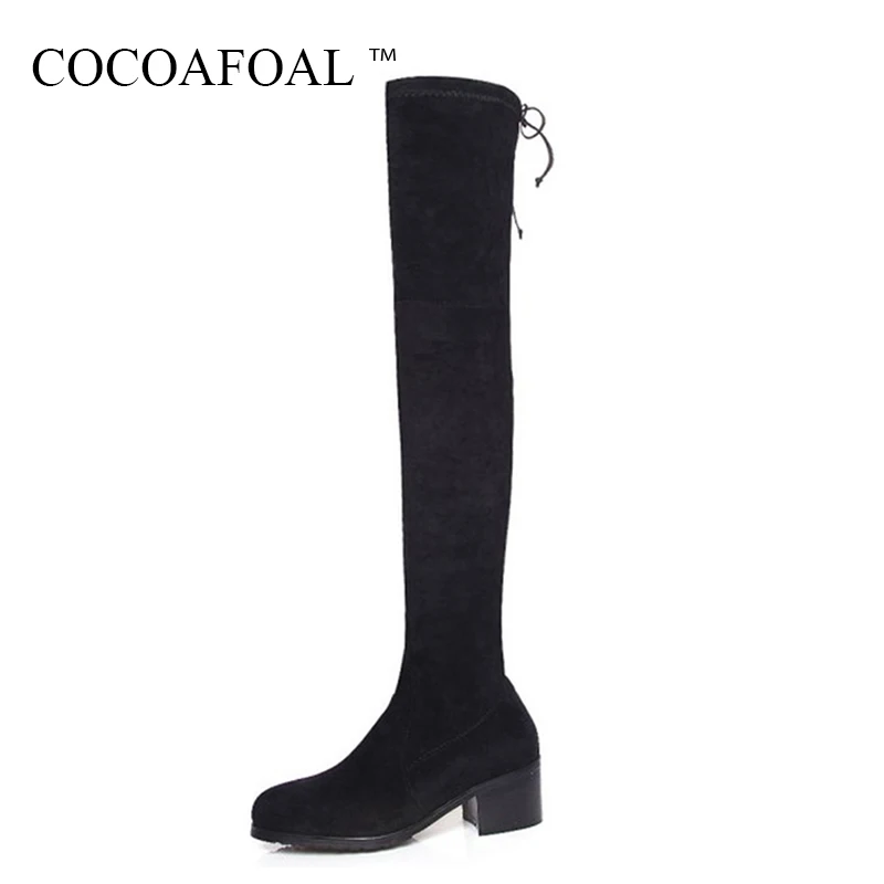 

COCOAFOAL Genuine Leather Thigh Lace Up High Boots Plus Size 41 43 Winter Over The Knee Boots Women Black High Heeled Boots 2018