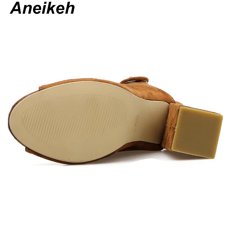 Aneikeh/ г. летние женские ботинки из флока обувь с открытым носком на высоком квадратном каблуке женские ботильоны с пряжкой и ремешком коричневый, 42