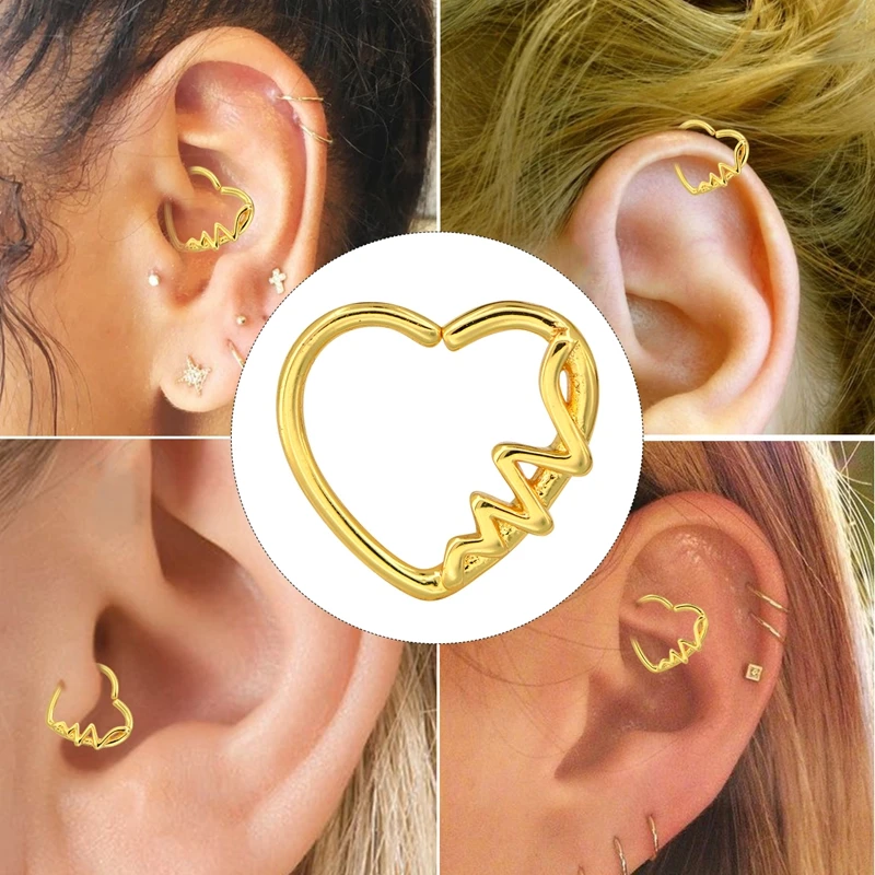 BODY PUNK Heart Shaped  Waves Left Closure Daith Cartilage Earring Wholesale Surgical Stainless Steel Barbell Tragus Piercing   (2)