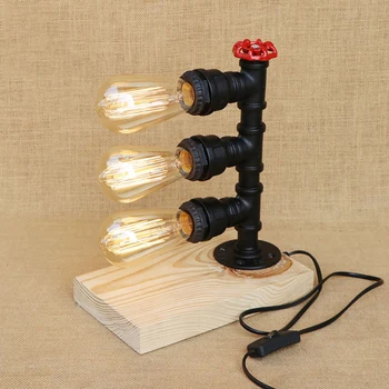 

Vintage retro iron wood black water pipe steam punk table lamp with switch e27 / e26 led lights for bedroom bedside office study
