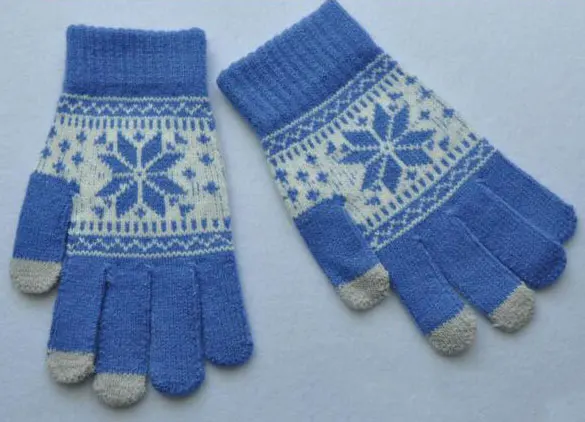 Зимние теплые перчатки с сенсорным экраном для мужчин и женщин, шерстяные вязаные перчатки, яркие цвета, варежки со снежинками для мобильного телефона, планшета - Цвет: blue