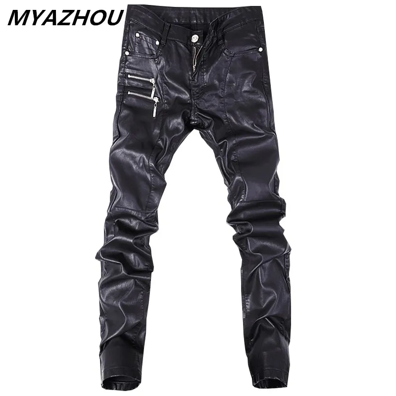 

2019 trend new black Slim leather pants personality zipper stitching leather pants fashion youth motorcycle leather pants male