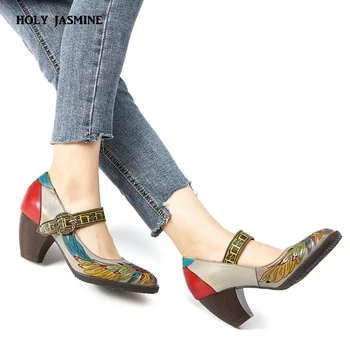 

Fashion hand-stitched Mary Jane shoes large size casual Mid-heeled women's shoes Hand painted flowers original high heels Female