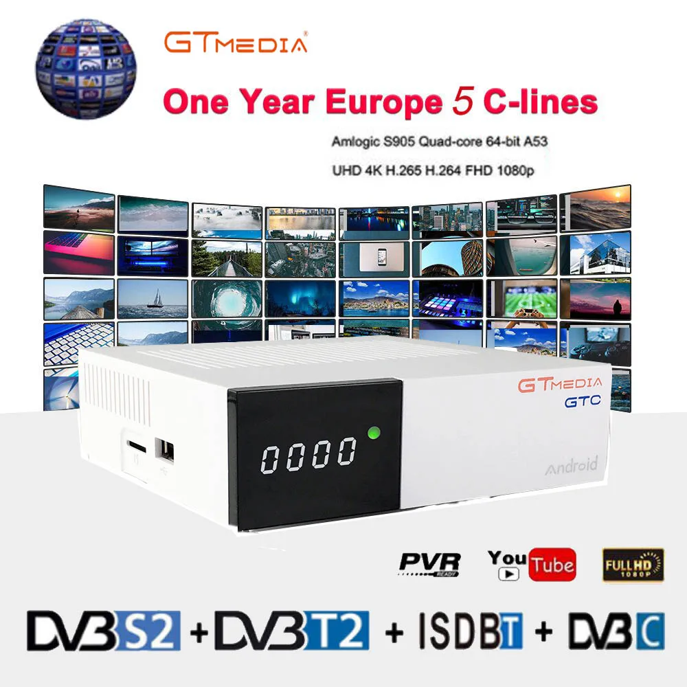 Freesat GTC 4K Android ТВ коробка приемное устройство DVB-C кабель Youtube DVB-S2 DVB-T2 Bluetooth 4,0 спутниковый ресивер для cсcam IP ТВ Biss VU