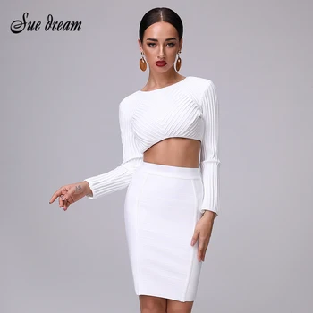 

2020 Autumn New Women Dress Long Sleeve O Neck Bandage Dress Sexy Bodycon Hollow Out Dress Celebrity Party White Dresses Vestido