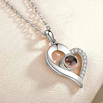 Хит 520, ожерелье с подвеской в форме сердца, сто 100 языка, Кристальное ожерелье с надписью I LOVE YOU, колье, подарок для девочки - Окраска металла: Посеребренный