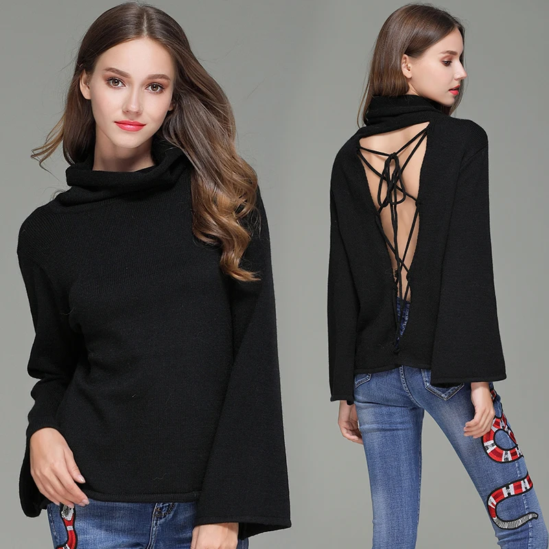 

2018 Autumn Winter backless Women New arrival Scarf collar Sweater Knitted Flare sleeve Pullovers Loose knitwear