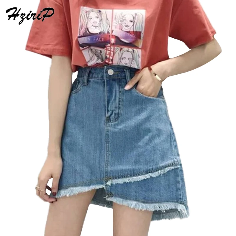 HziriP Asymmetric Denim Skirt Summer Denim Blue Casual Mini Skirts Fashion Asymmetrical