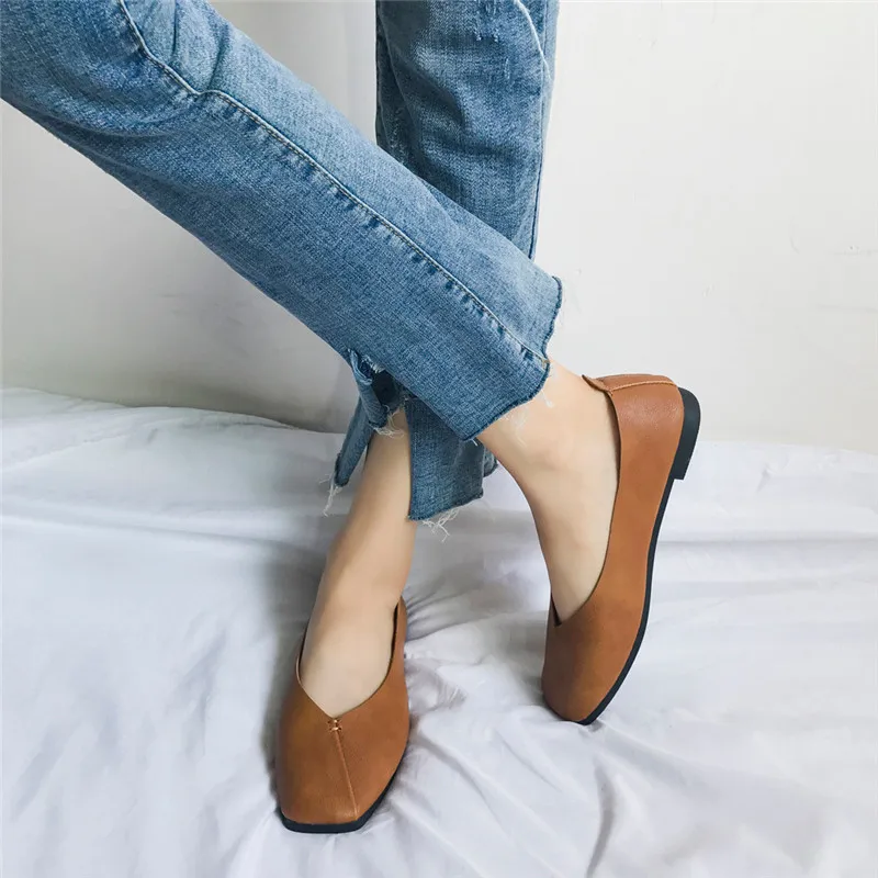 

Women Flats Shoes Leisure Shallow Mouth leather Shoes Summer Breathable Women's Square Head Student Non-Slip Footwear 79#45
