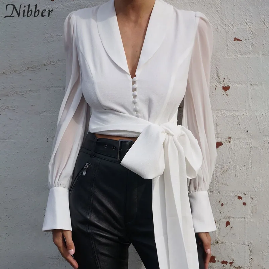 Nibber 2019Autumn Office ladies White Chiffon tops women full sleeve t-shirts Solid Elegant wild Slim Soft Belt tee shirts mujer