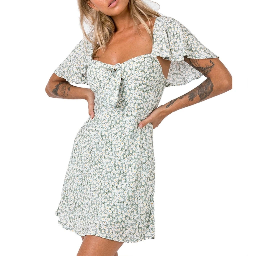 JAYCOSIN  Fashion Women Square Dress  Collar Flare Sleeve Floral Print Bow Backless Mini Dress  19MAR21