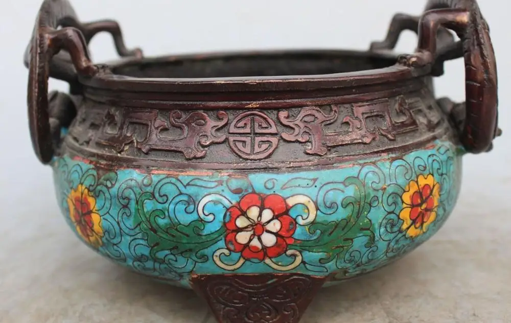 

free shipping 8" Chinese Sign Bronze Cloisonne Enamel Dragon incense burner Censer Bowl Pot