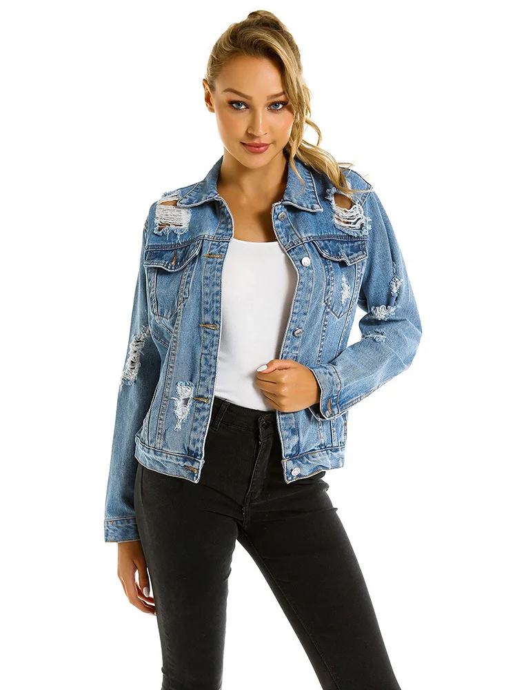 

2019 jean jacket female hole tide loose jean jacket ladies jean jacket S-L