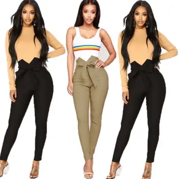 

Womens Striped Long Pants High Waist Tie Pencil Trousers Skinny Slim Leggings